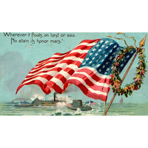 Decoration Memorial Day Postcard Military Steam Ship Boats USA Flag Wreath Tucks